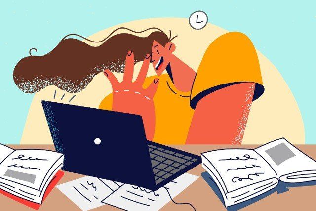 Young woman study online on computer stressed with deadlines. Female student frustrated with learning,  working on laptop at home. Exam preparation. Vector illustration.
