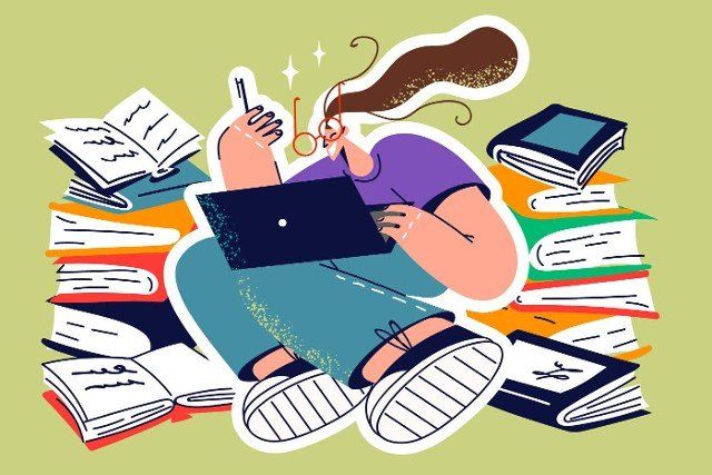 Young female student study online on laptop with piles of books near. Smiling girl busy on computer with remote education surrounded by textbooks. Vector illustration.
