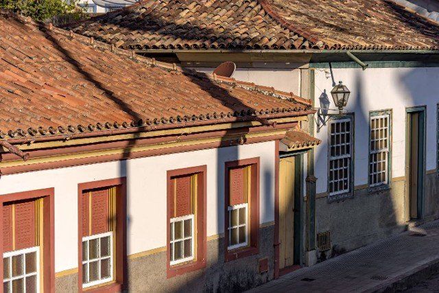 Detail of colonial style streets and houses in the old and historic city of Diamantina in Minas Gerais,  Brazil during the late afternoon