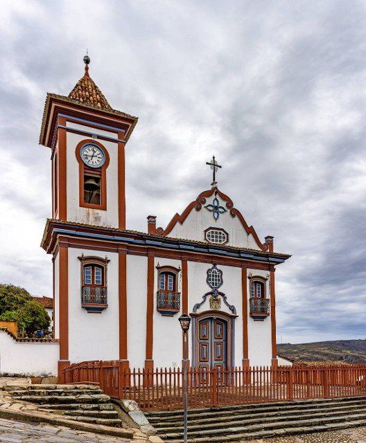 Old baroque style church in the historic town of Diamantina on a cloudy day