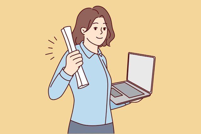 Smiling young woman holding diploma and laptop in hands graduate from university online. Happy female student excited with college graduation remotely. Vector illustration.