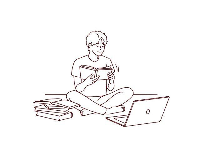 Guy sit on floor study on compute read textbooks prepare for exam. Focused male student enjoy books reading use computer for school preparation. Vector illustration.