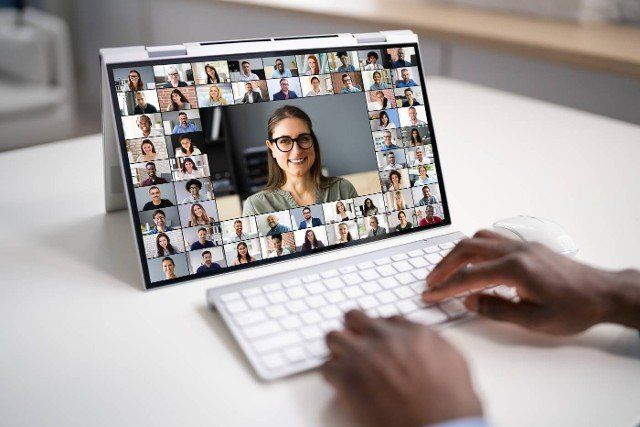 Virtual Video Conference Meeting Chat On Hybrid Laptop