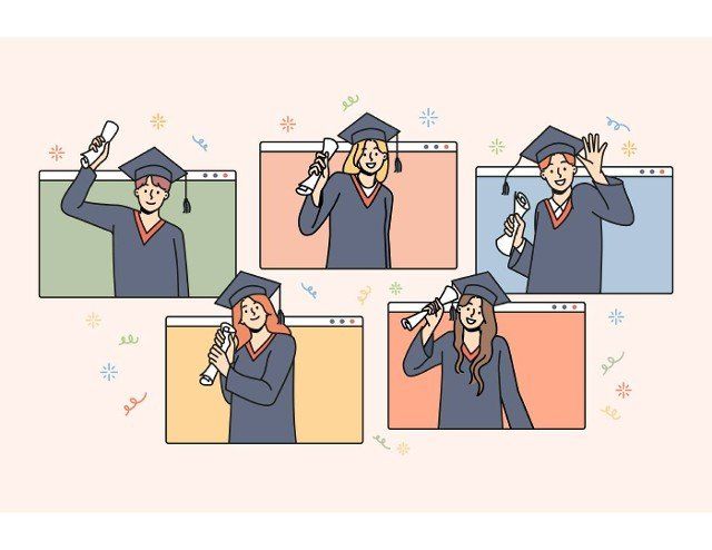 Happy students in mantles celebrate college graduation with online studying. Smiling graduates excited about university finish. Remote education concept. Vector illustration.