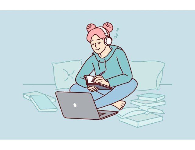 Girl in headphones study on laptop at home take notes in notebook. Happy female student in earphones write notepad have online class on computer. Vector illustration.