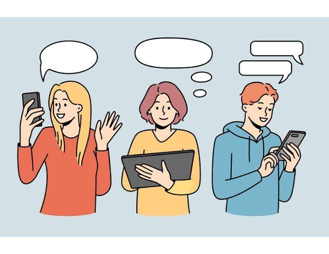 People with devices communicate online. Users with modern gadgets talk and message on web. Distant communication concept. Vector illustration.