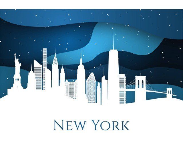Snowy New York skyline on blue background. Most famous buildings landmark. Christmas Eve in New York City. Paper art style.