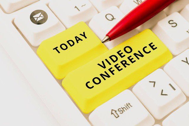 Conceptual caption Video Conference,  Business overview showing in remote places hold facetoface meetings