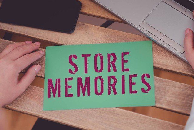Sign displaying Store Memories,  Business overview a process of inputting and storing data previously acquired