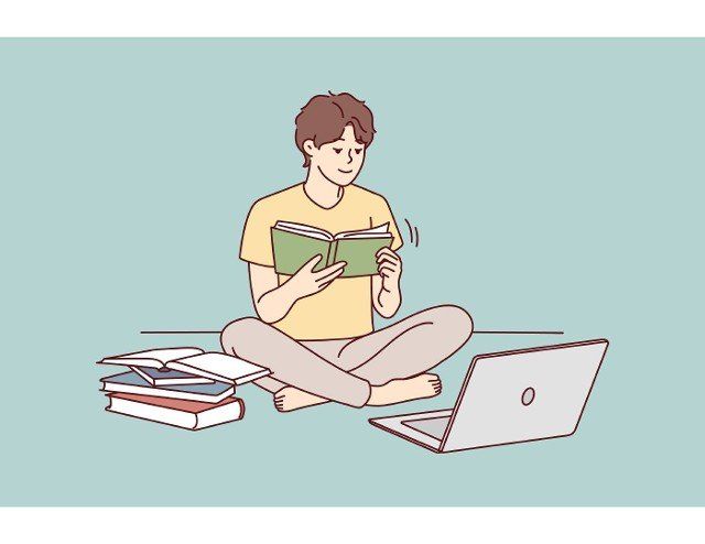 Guy sit on floor study on compute read textbooks prepare for exam. Focused male student enjoy books reading use computer for school preparation. Vector illustration.