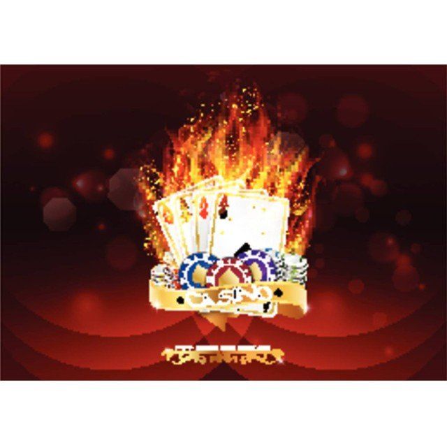 Casino poker banner with chips and poker cards burn in the fire on red background