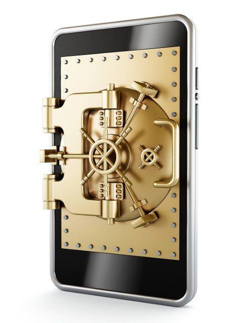 Gold vaulted safety door on smartphone screen isolated on white background.