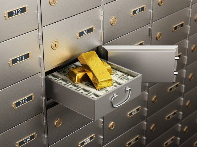 Open bank deposit box full of dollar bills and gold ingots. 3D illustration.
