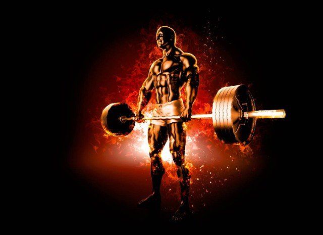 Workout with flaming barbell. 3D illustration.