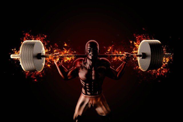 Bodybuilder raises flaming barbell. 3D illustration.