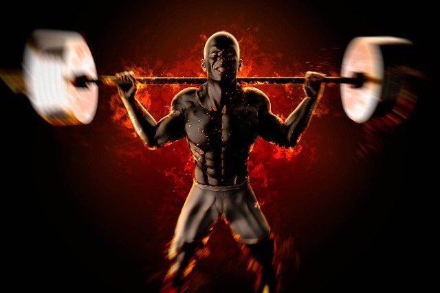 Bodybuilder with flaming barbell. 3d rendering.