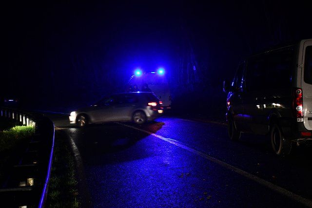 Police block a road near forest where MiG fighter jet crashes on December 06, 2022., in Vocin, Croatia. A two-seater MIG-21 plane crashed during a military drill on Tuesday in an uninhabited forest area of Slatina in northeastern Croatia but both pilots were rescued. Photo: Ivica Galovic\/PIXSELL