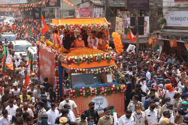 Uttar Pradesh Chief Minister Yogi Adityanath held a roadshow in Howrah district as he sought to bolster the BJP\