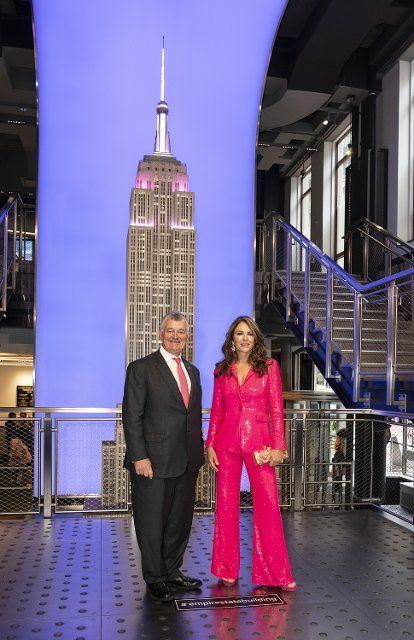 Elizabeth Hurley and William Lauder light Empire State Building in pink on behalf of The Estee Lauder Companies Breast Cancer Campaign (Photo by Lev Radin\/Pacific Press