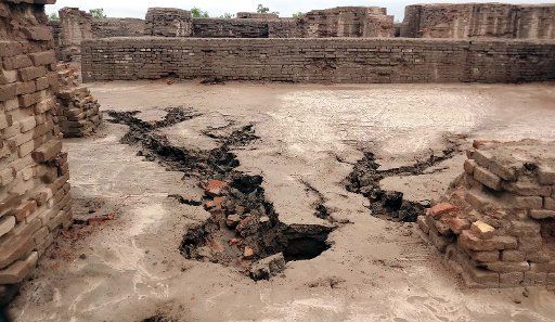 MOHENJO DARO, PAKISTAN, AUG 26: View of destruction after heavy rainfall caused damage to the World Heritage monuments in Mohenjo Daro on Wednesday, August 26, 2020. (Jamal Dawoodpoto\/PPI Images