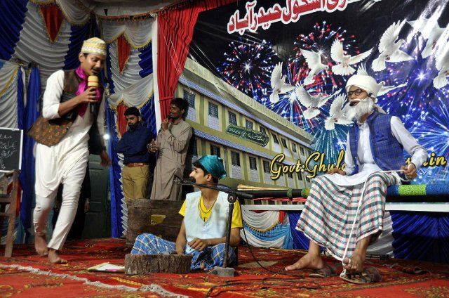 HYDERABAD, PAKISTAN, MAR 31: Students are performing tableau on stage during ceremony held at Government Ghulam Hussain Hidayatullah Higher Secondary School in Hyderabad on Thursday, March 31, 2022. (Sajjad Zaidi\/PPI Images