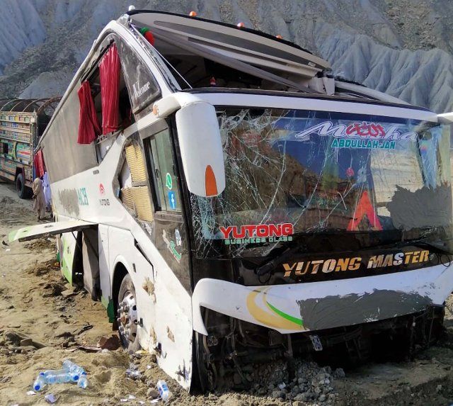 HUB, PAKISTAN, OCT 27: View of damaged passenger bus that was fells down due to over speeding after traffic accident at RCD Highway in Hub on Thursday, October 27, 2022. (Arshad Baloch\/PPI Images