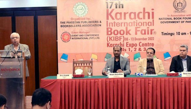 KARACHI, PAKISTAN, DEC 06: Pakistan Publishers and Booksellers Association Chairman, Aziz Khalid addresses to media persons during press conference regarding 17th Karachi International Book Fair, held at local hotel in Karachi on Tuesday, December 06, 2022. (S.Imran Ali\/PPI Images