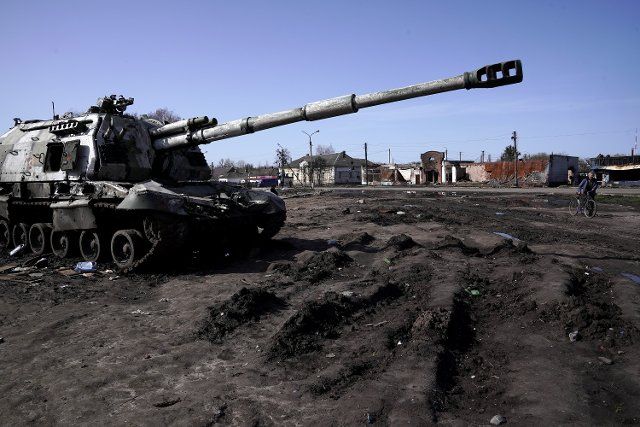 TROSTIANETS, UKRAINE - APRIL 15, 2022 - A destroyed Russian military vehicle is seen on the street in the city liberated from Russian invaders, Trostianets, Sumy Region, northeastern Ukraine., Credit:Anna Voitenko \/ Avalon