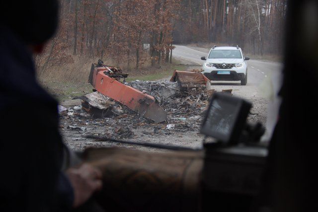 KYIV REGION, UKRAINE - APRIL 5, 2022 - A destroyed military vehicle is pictured en route to Bucha which was liberated from Russian occupiers, Kyiv Region, northern Ukraine., Credit:Anatolii Siryk \/ Avalon