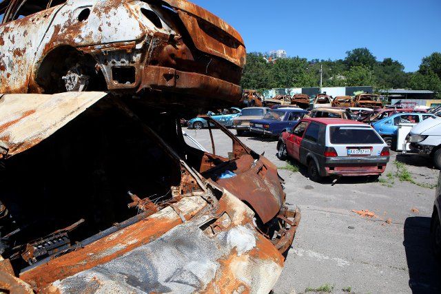 KHARKIV, UKRAINE - JUNE 27, 2022 - Cars destroyed as a result of shelling by the russian troops are gathered at the vehicle graveyard, Kharkiv, northern Ukraine. This photo cannot be distributed in the russian federation., Credit:Vyacheslav 