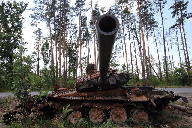 KYIV REGION, UKRAINE - JUNE 30, 2022 - The remains of destroyed Russian military vehicles are pictured near Dmytrivka village, Kyiv Region, northern Ukraine. This photo cannot be distributed in the Russian Federation., Credit:Volodymyr Tarasov \/ 