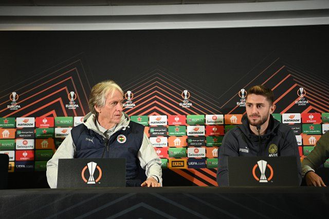 Player Ismail Yuksek and Coach Jorge Jesus of Fenerbahce during the press conference the day before the UEFA Europa League third leg match between Fenerbahce and AEK Larnaca on October 06 , 2022 at Ulker Stadium on October 05, 2022 in Istanbul, 