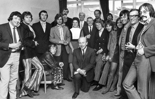 BBC RADIO ONE 3RD ANNIVERSARY, LONDON 8TH OCTOBER 1970. PICTURE SHOWS TONY BRANDON, ROSKO, TERRY WOGAN, MIKE HARDING, NOEL EDMONDS, PRODUCER DEREK CHINNERY, BARRY MASON, PRODUCER DOREEN DAVIES, EXECUTIVE MARK WHITE, CONTROLLER DOUGLAS MUGGERIDGE (...