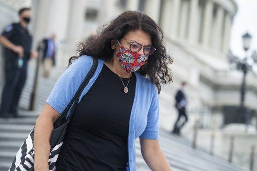 UNITED STATES - AUGUST 22: Rep. Rashida Tlaib, D-Mich., leaves the Capitol as the House voted on a bill to ban changes to U.S. Postal Service operations and provide $25 billion in funding on Saturday, August 22, 2020. (Photo By Tom Williams\/CQ Roll Call