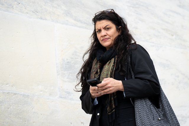 UNITED STATES - APRIL 1: Rep. Rashida Tlaib, D-Mich., walks down the House steps at the Capitol after the last votes of the week on Friday, April 1, 2022. (Bill Clark\/CQ Roll Call