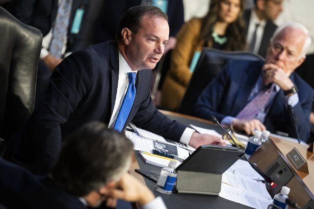 UNITED STATES - APRIL 4: Sen. Mike Lee, R-Utah., speaks during the Senate Judiciary Committee markup on the nomination of Ketanji Brown Jackson to be an associate justice of the Supreme Court, in Hart Building on Monday, April 4, 2022. (Tom Williams\/CQ Roll Call