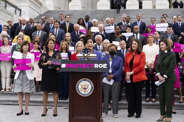 UNITED STATES - MAY 13: Rep. Judy Chu, D-Calif., speaks during a rally on the House steps of the U.S. Capitol to voice opposition to the Supreme Courtâs leaked draft opinion indicating the Court will overturn Roe v. Wade, on Friday, May 13, 2022. (Tom Williams\/CQ Roll Call