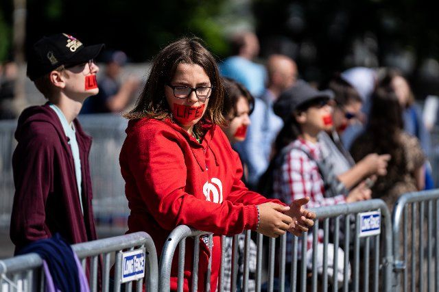 UNITED STATES - MAY 23: Pro-life activists with âLIFEâ written on red tape across their mouths stand outside the U.S. Supreme Court on Monday, May 23, 2022. Security precautions are elevated in anticipation of the court overturning Roe v Wade. (Bill Clark\/CQ Roll Call