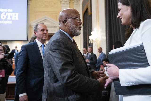 UNITED STATES - JUNE 28: Chairman Bennie Thompson, D-Miss., greets Cassidy Hutchinson, an aide to former White House Chief of Staff Mark Meadows, after she testified during the Select Committee to Investigate the January 6th Attack on the United States Capitol hearing to present previously unseen material and hear witness testimony in Cannon Building, on Tuesday, June 28, 2022. (Tom Williams\/CQ Roll Call