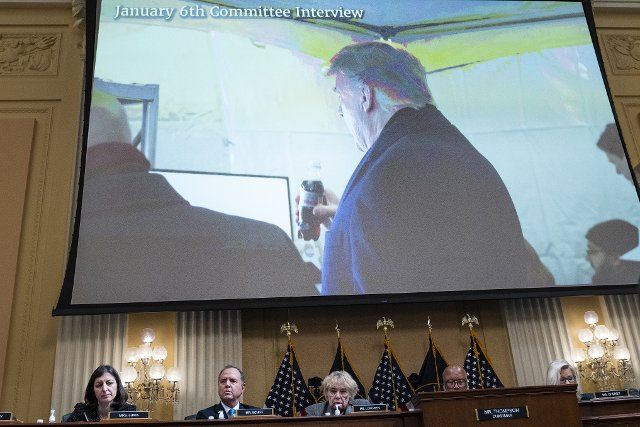 UNITED STATES - JUNE 28: Former President Donald Trump is seen on a monitor as Cassidy Hutchinson, an aide to former White House Chief of Staff Mark Meadows, testified during the Select Committee to Investigate the January 6th Attack on the United States Capitol hearing to present previously unseen material and hear witness testimony in Cannon Building, on Tuesday, June 28, 2022. Appearing from left are, Reps. Elaine Luria, D-Va., Adam Schiff, D-Calif., Zoe Lofgren, D-Calif., Chairman Bennie Thompson, D-Miss., and vice chair Rep. Liz Cheney, R-Wyo. (Tom Williams\/CQ Roll Call
