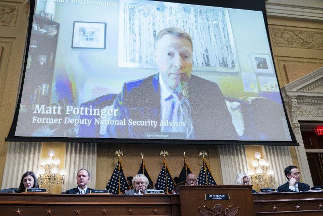 UNITED STATES - JUNE 28: Matt Pottinger is seen on a monitor as Cassidy Hutchinson, an aide to former White House Chief of Staff Mark Meadows, testified during the Select Committee to Investigate the January 6th Attack on the United States Capitol hearing to present previously unseen material and hear witness testimony in Cannon Building, on Tuesday, June 28, 2022. Appearing from left are, Reps. Elaine Luria, D-Va., Adam Schiff, D-Calif., Zoe Lofgren, D-Calif., Chairman Bennie Thompson, D-Miss., vice chair Rep. Liz Cheney, R-Wyo., and staff counsel. (Tom Williams\/CQ Roll Call