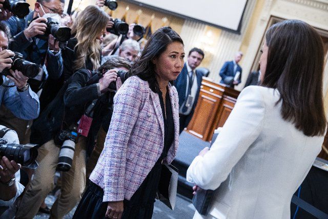 UNITED STATES - JUNE 28: Rep. Stephanie Murphy, D-Fla., greets Cassidy Hutchinson, an aide to former White House Chief of Staff Mark Meadows, after she testified during the Select Committee to Investigate the January 6th Attack on the United States Capitol hearing to present previously unseen material and hear witness testimony in Cannon Building, on Tuesday, June 28, 2022. (Tom Williams\/CQ Roll Call