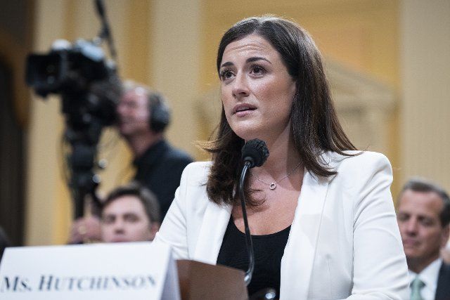 UNITED STATES - JUNE 28: Cassidy Hutchinson, an aide to former White House Chief of Staff Mark Meadows, testifies during the Select Committee to Investigate the January 6th Attack on the United States Capitol hearing to present previously unseen material and hear witness testimony in Cannon Building, on Tuesday, June 28, 2022. (Tom Williams\/CQ Roll Call