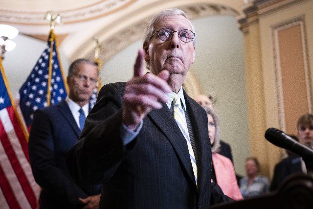 UNITED STATES - JUNE 22: Senate Minority Leader Mitch McConnell, R-Ky., conducts a news conference after the senate luncheons in the U.S. Capitol on Wednesday, June 22, 2022. (Tom Williams\/CQ Roll Call