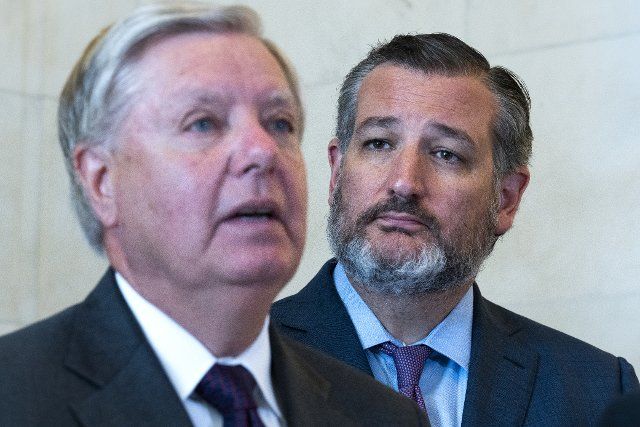 UNITED STATES - JUNE 22: Sens. Lindsey Graham, R-S.C., left, and Ted Cruz, R-Texas, conduct a news conference on âthe worsening crisis at the U.S.-Mexico border as a result of the Biden administrationâs continued failed policies,â in Russell Building on Wednesday, June 22, 2022. (Tom Williams\/CQ Roll Call