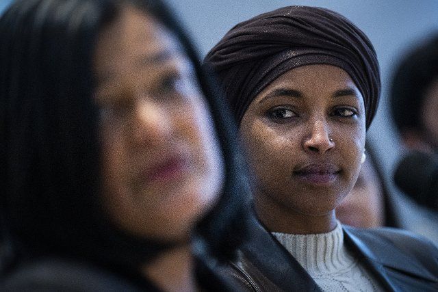 UNITED STATES - NOVEMBER 13: Rep. Ilhan Omar, D-Minn., and Congressional Progressive Caucus Chair Rep. Pramila Jayapal, D-Wash., left, conduct a news conference with newly elected incoming members of the CPC at the AFL-CIO Building in Washington, D.C., on Sunday, November 13, 2022. (Tom Williams\/CQ Roll Call
