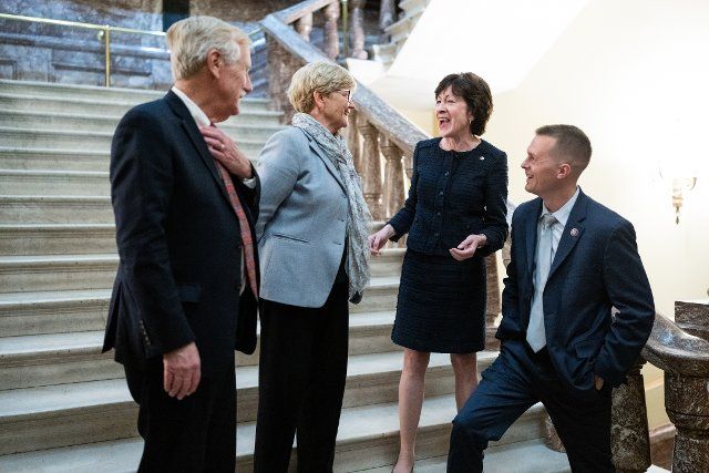 UNITED STATES - DECEMBER 1: Maineâs Congressional delegation from left Sen. Angus King, I-Maine, Rep. Chellie Pingree, D-Maine, Sen. Susan Collins, R-Maine, and Rep. Jared Golden, D-Maine, talk after posing for a group photo in the Capitol on Thursday, December 1, 2022. (Bill Clark\/CQ Roll Call