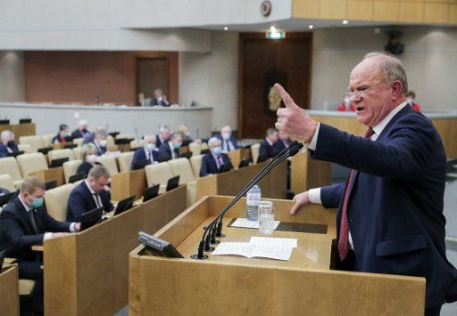MOSCOW, RUSSIA - DECEMBER 24, 2020: Gennady Zyuganov (R), leader of the Communist Party of the Russian Federation (CPRF), addresses a plenary session of the Russian State Duma, the lower house of the Russian parliament. Russian State Duma Photo 