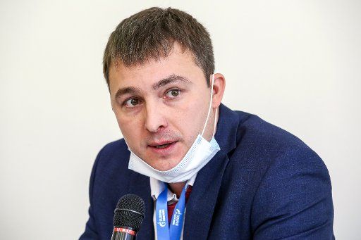 TYUMEN, RUSSIA - SEPTEMBER 22, 2020: Timur Shatsky, expert of the capital construction function at Gazprom Neft Science and Technology Centre, takes part in the Asset of the Future panel discussion at the 2020 Tyumen Oil and Gas Forum at the Tyumen 