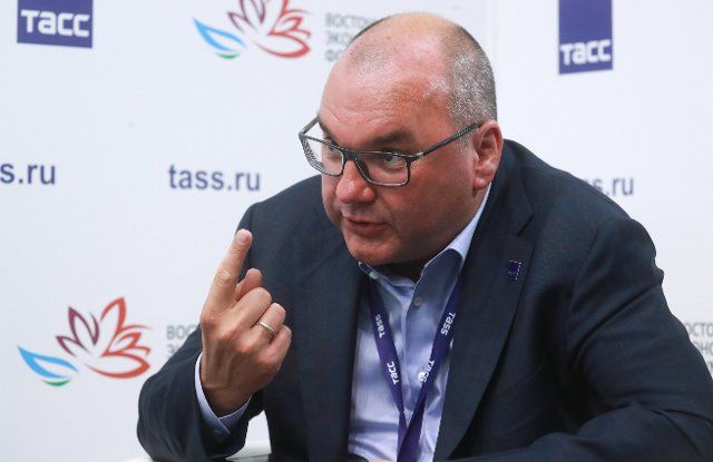VLADIVOSTOK, RUSSIA â SEPTEMBER 2, 2021: TASS chief Sergei Mikhailov during an interview at an exhibition stand of the TASS News Agency at the 2021 Eastern Economic Forum at the Far Eastern Federal University (FEFU) on Russky Island. Sergei 